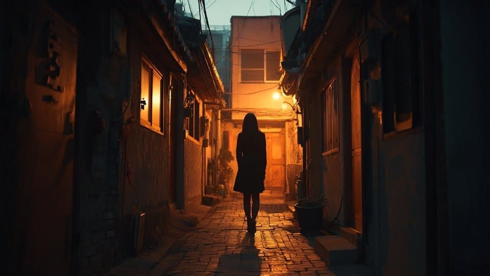 호박색 불빛의 좁은 골목 끝으로 걸어가는 실루엣